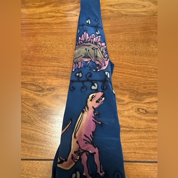 Vintage Robert Daskal Handpainted Silk Tie – Blue w/ Dinosaurs - Picture 2 of 4